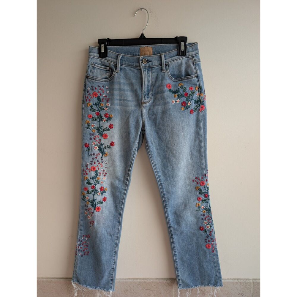 Driftwood floral embroidered jeans women's 28 raw hem boho straight leg denim